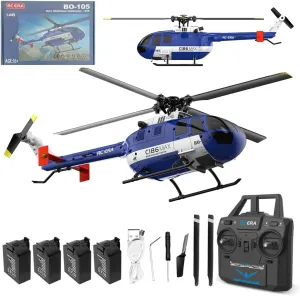 C186MAX BO105 Remote Control Helicopter New Upgrades 6-axis Gyroscope 2.4G 4CH Single Flybarless Helicopter with Optical Flow Positioning Low Voltage Alarm - RTF Total Control Version/4 Battery