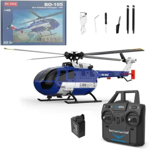C186MAX RC Helicopter for Adult, BO105 Gunship Aircraft with 2.4G 4CH Single Flybarless Helicopter Toy Optical Flow Positioning (RTF RC Version/Blue White) - 1 Battery