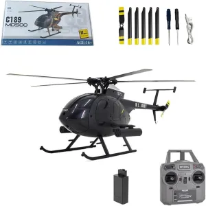 C189 1/28 MD500 RC Helicopter, 2.4GHz 4CH Flybarless Scale Model with Single Blade, One-Key Takeoff/Landing, Single-Rotor, RTF Gift for Adults (Black/1 Battery)