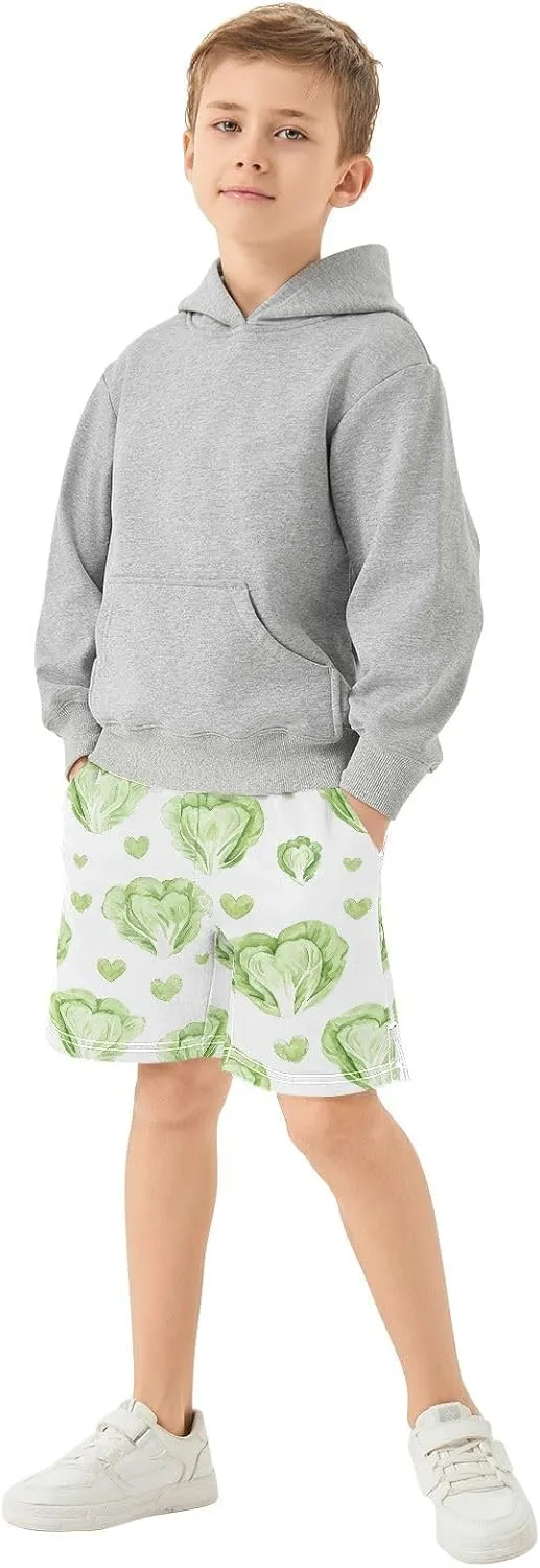 Cabbage Love Print Boys Active Basketball Shorts Lightweight Summer Sports Shorts with Pockets for Kids