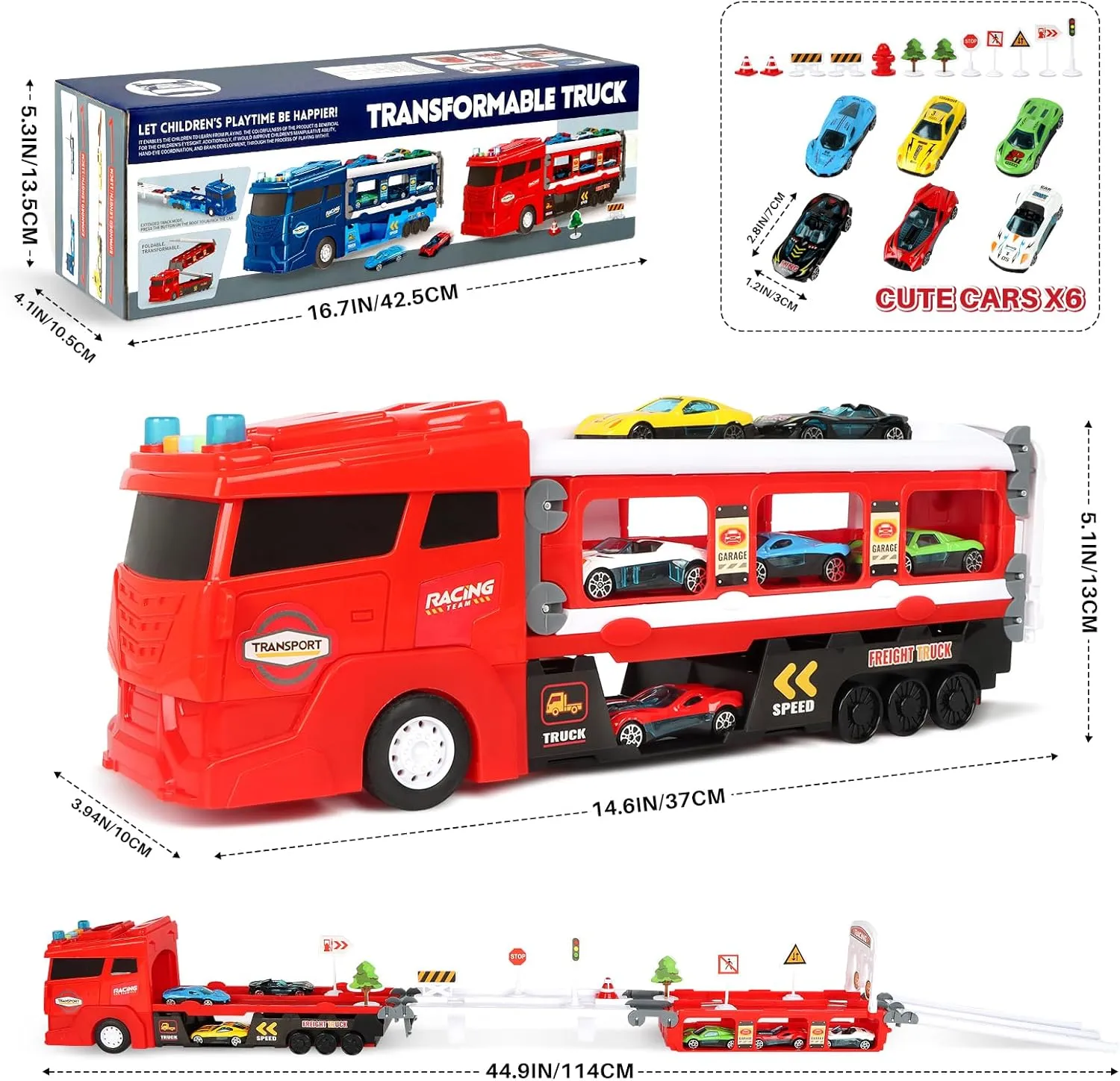 Carrier Truck Race Car Track Set for Toddlers Toys, 4 FT Race Track and 6 Die-Cast Toy Cars, Truck Toy with Lights & Sounds Xmas Gifts for 3 4 5 6 7 8 Years Old Kids Boys Girls (Red)