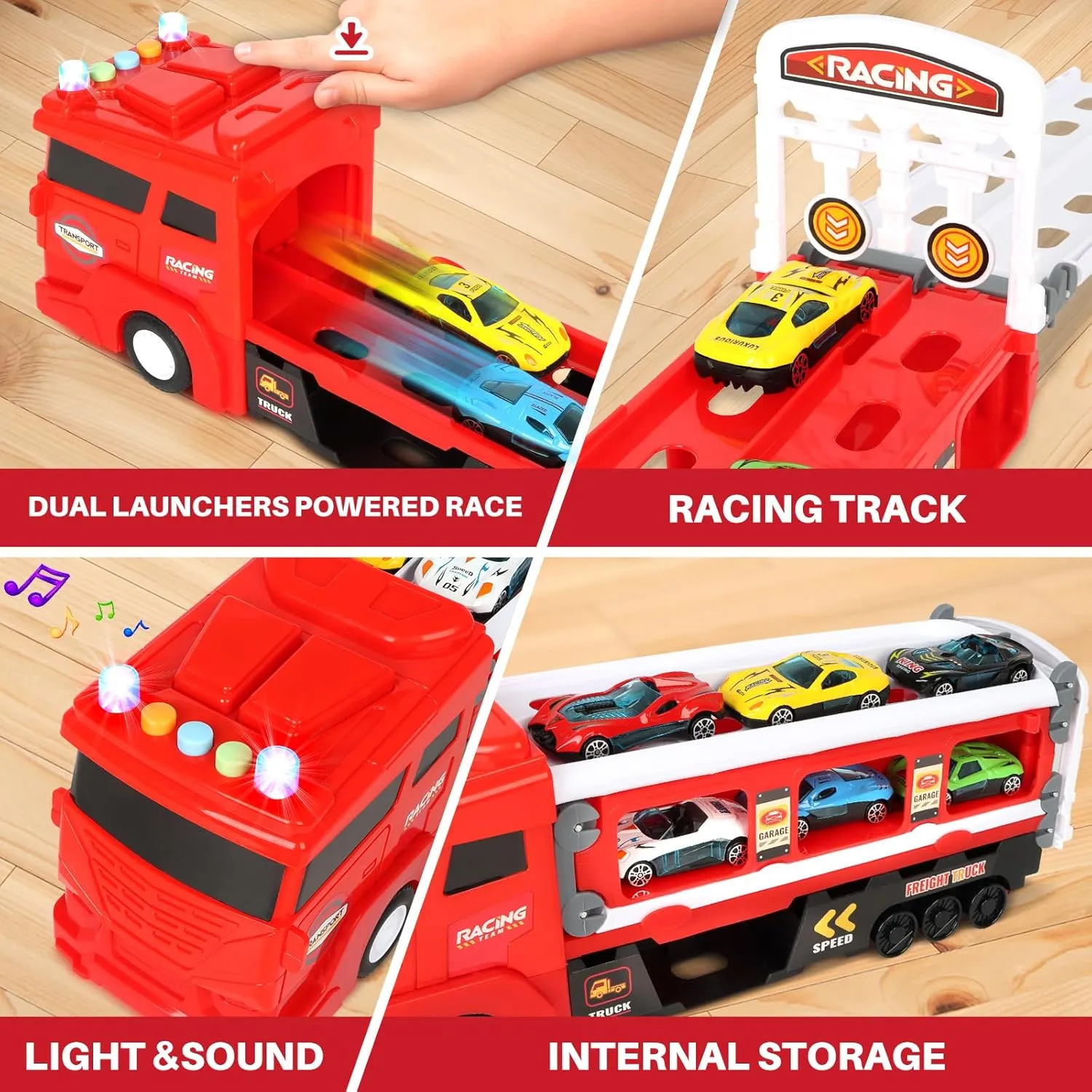 Carrier Truck Race Car Track Set for Toddlers Toys, 4 FT Race Track and 6 Die-Cast Toy Cars, Truck Toy with Lights & Sounds Xmas Gifts for 3 4 5 6 7 8 Years Old Kids Boys Girls (Red)
