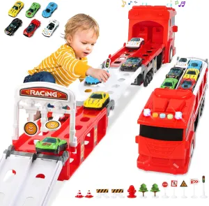 Carrier Truck Race Car Track Set for Toddlers Toys, 4 FT Race Track and 6 Die-Cast Toy Cars, Truck Toy with Lights & Sounds Xmas Gifts for 3 4 5 6 7 8 Years Old Kids Boys Girls (Red)