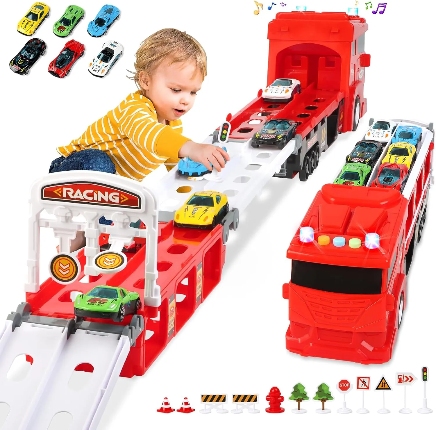 Carrier Truck Race Car Track Set for Toddlers Toys, 4 FT Race Track and 6 Die-Cast Toy Cars, Truck Toy with Lights & Sounds Xmas Gifts for 3 4 5 6 7 8 Years Old Kids Boys Girls (Red)