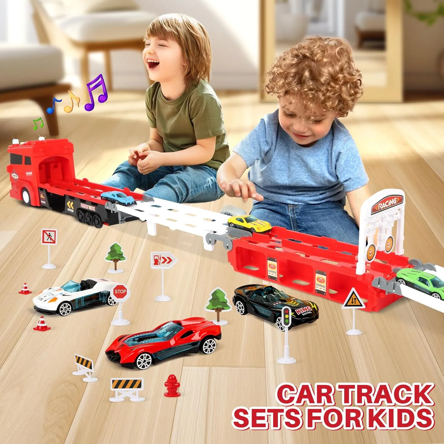 Carrier Truck Race Car Track Set for Toddlers Toys, 4 FT Race Track and 6 Die-Cast Toy Cars, Truck Toy with Lights & Sounds Xmas Gifts for 3 4 5 6 7 8 Years Old Kids Boys Girls (Red)