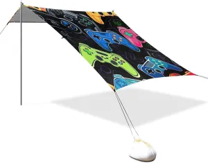 Cartoon Game Controllers Beach Tent Sun Shelter Set, UPF50  UV Protection 10.5 x 9.19 FT Camping Shade Canopy with Sandbags, Sand Anchors, Carrying Bag, and Others