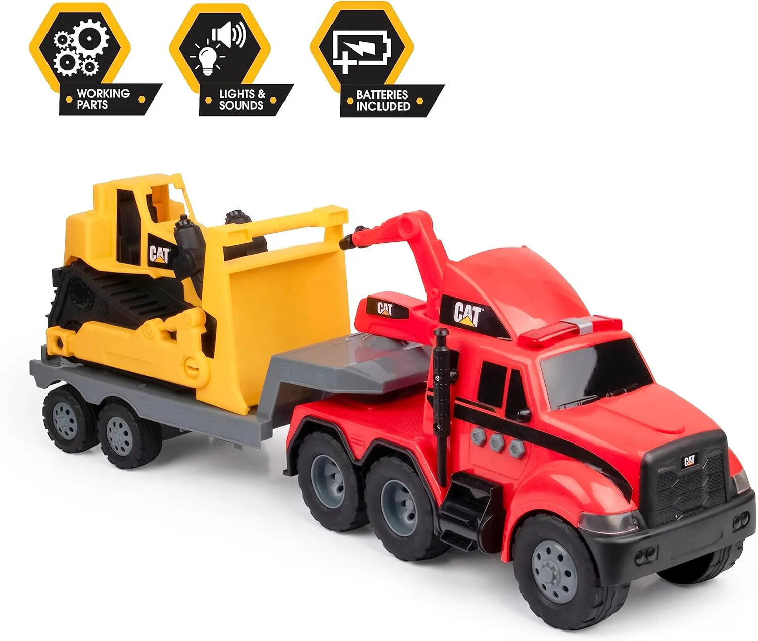CAT Construction Toys, Heavy Movers, Semi Firetruck and Trailer with Bulldozer, Lights & Sounds, Ages 3 and up