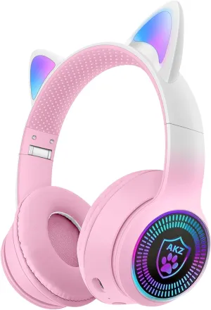 Cat Ear Gaming Bluetooth 5.2 Wireless Foldable Headphones with LED Light, Stereo Game Surround Sound Over-Ear Headsets with Microphone AUX for PC, Pad, Mobile, Laptop, Game, Kids, Gift