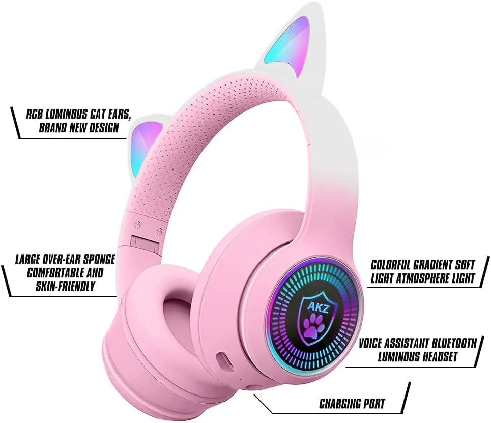 Cat Ear Gaming Bluetooth 5.2 Wireless Foldable Headphones with LED Light, Stereo Game Surround Sound Over-Ear Headsets with Microphone AUX for PC, Pad, Mobile, Laptop, Game, Kids, Gift
