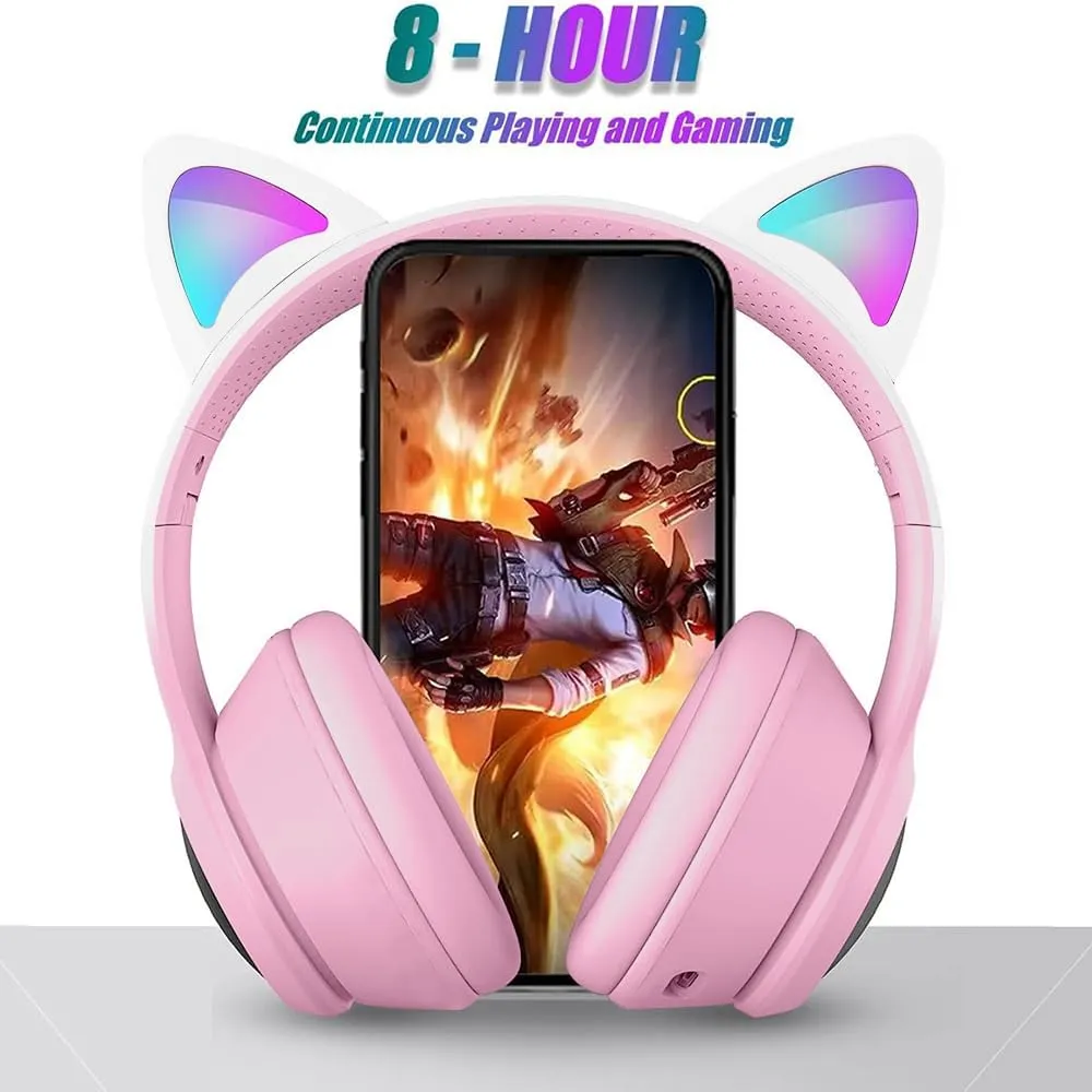 Cat Ear Gaming Bluetooth 5.2 Wireless Foldable Headphones with LED Light, Stereo Game Surround Sound Over-Ear Headsets with Microphone AUX for PC, Pad, Mobile, Laptop, Game, Kids, Gift