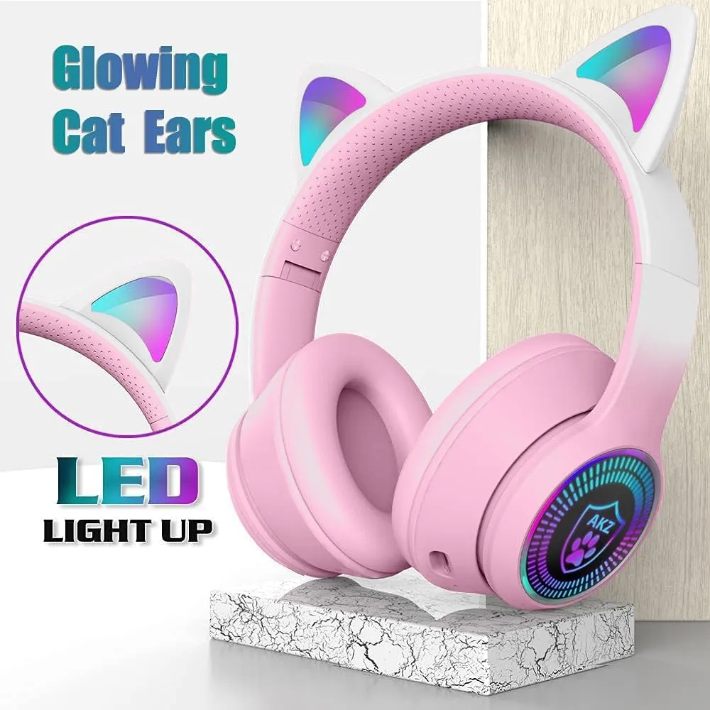 Cat Ear Gaming Bluetooth 5.2 Wireless Foldable Headphones with LED Light, Stereo Game Surround Sound Over-Ear Headsets with Microphone AUX for PC, Pad, Mobile, Laptop, Game, Kids, Gift