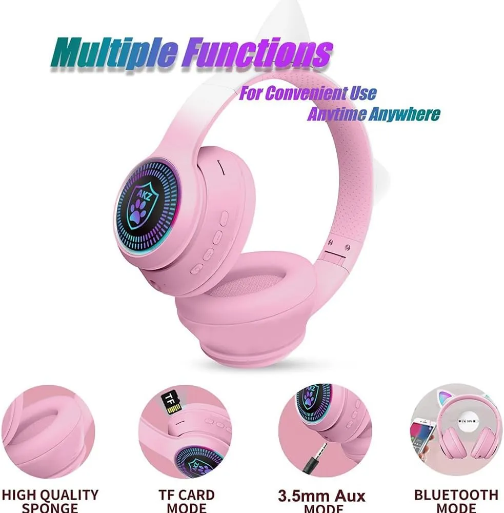 Cat Ear Gaming Bluetooth 5.2 Wireless Foldable Headphones with LED Light, Stereo Game Surround Sound Over-Ear Headsets with Microphone AUX for PC, Pad, Mobile, Laptop, Game, Kids, Gift