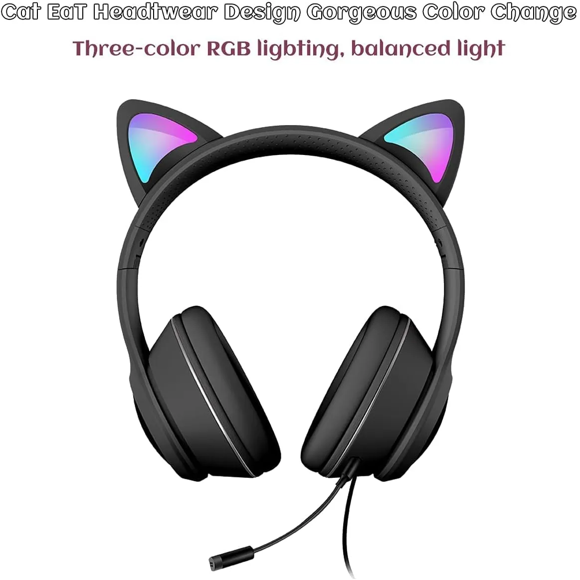 Cat Ear Gaming Headphones Wired AUX 3.5mm LED Light, Noise Canceling Game Headphones Stereo Foldable Over-Ear Headsets with Microphone Fit Girls, Kids for PC, PS4, Switch, Xbox, Mobile, Laptop