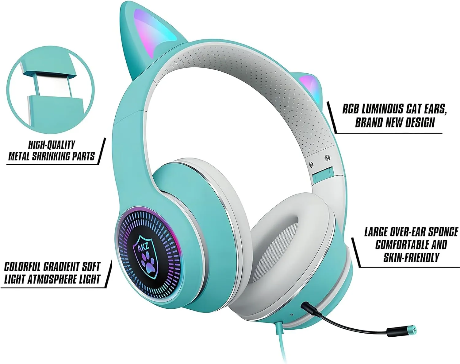 Cat Ear Gaming Headphones Wired AUX 3.5mm LED Light, Noise Canceling Game Headphones Stereo Foldable Over-Ear Headsets with Microphone Fit Girls, Kids for PC, PS4, Switch, Xbox, Mobile, Laptop