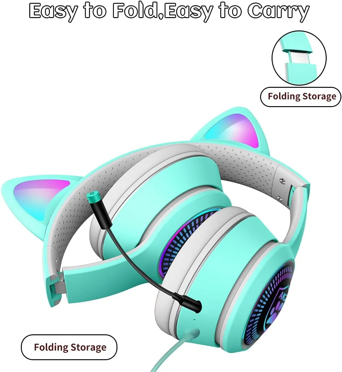 Cat Ear Gaming Headphones Wired AUX 3.5mm LED Light, Noise Canceling Game Headphones Stereo Foldable Over-Ear Headsets with Microphone Fit Girls, Kids for PC, PS4, Switch, Xbox, Mobile, Laptop