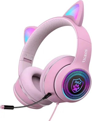 Cat Ear Gaming Headphones Wired AUX 3.5mm LED Light, Noise Canceling Game Headphones Stereo Foldable Over-Ear Headsets with Microphone Fit Girls, Kids for PC, PS4, Switch, Xbox, Mobile, Laptop