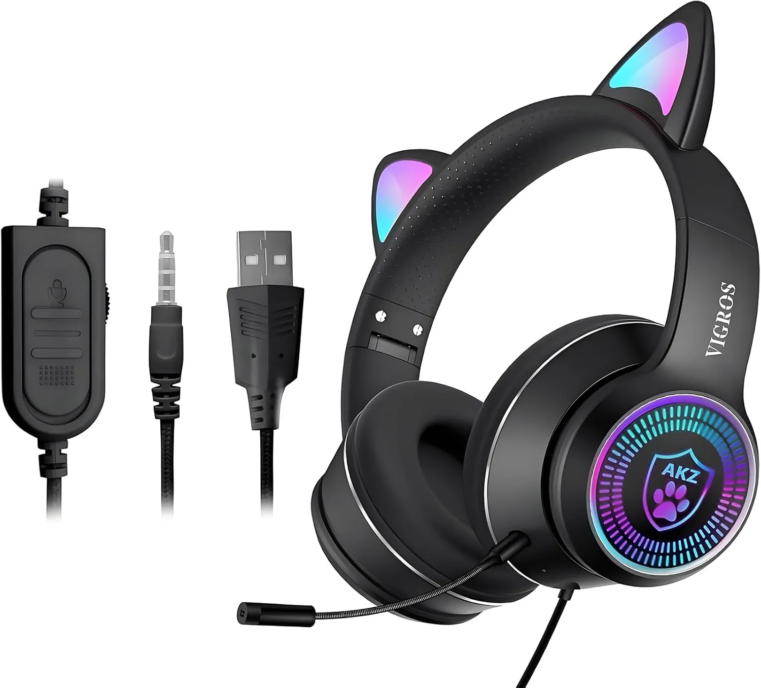 Cat Ear Gaming Headphones Wired AUX 3.5mm LED Light, Noise Canceling Game Headphones Stereo Foldable Over-Ear Headsets with Microphone Fit Girls, Kids for PC, PS4, Switch, Xbox, Mobile, Laptop
