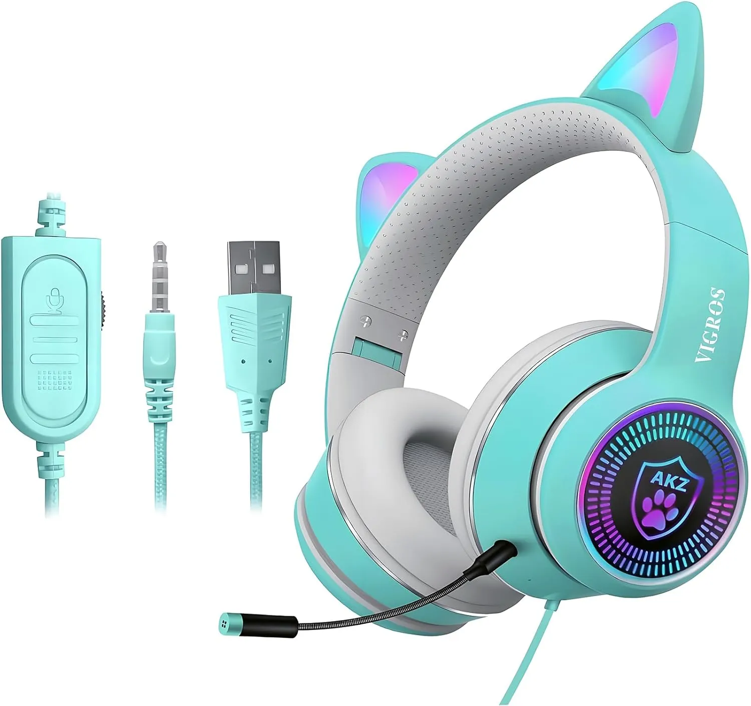 Cat Ear Gaming Headphones Wired AUX 3.5mm LED Light, Noise Canceling Game Headphones Stereo Foldable Over-Ear Headsets with Microphone Fit Girls, Kids for PC, PS4, Switch, Xbox, Mobile, Laptop