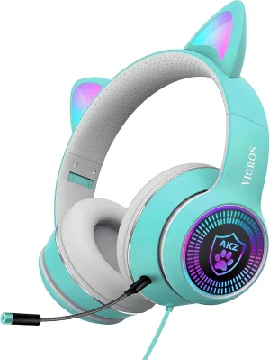 Cat Ear Gaming Headphones Wired AUX 3.5mm LED Light, Noise Canceling Game Headphones Stereo Foldable Over-Ear Headsets with Microphone Fit Girls, Kids for PC, PS4, Switch, Xbox, Mobile, Laptop