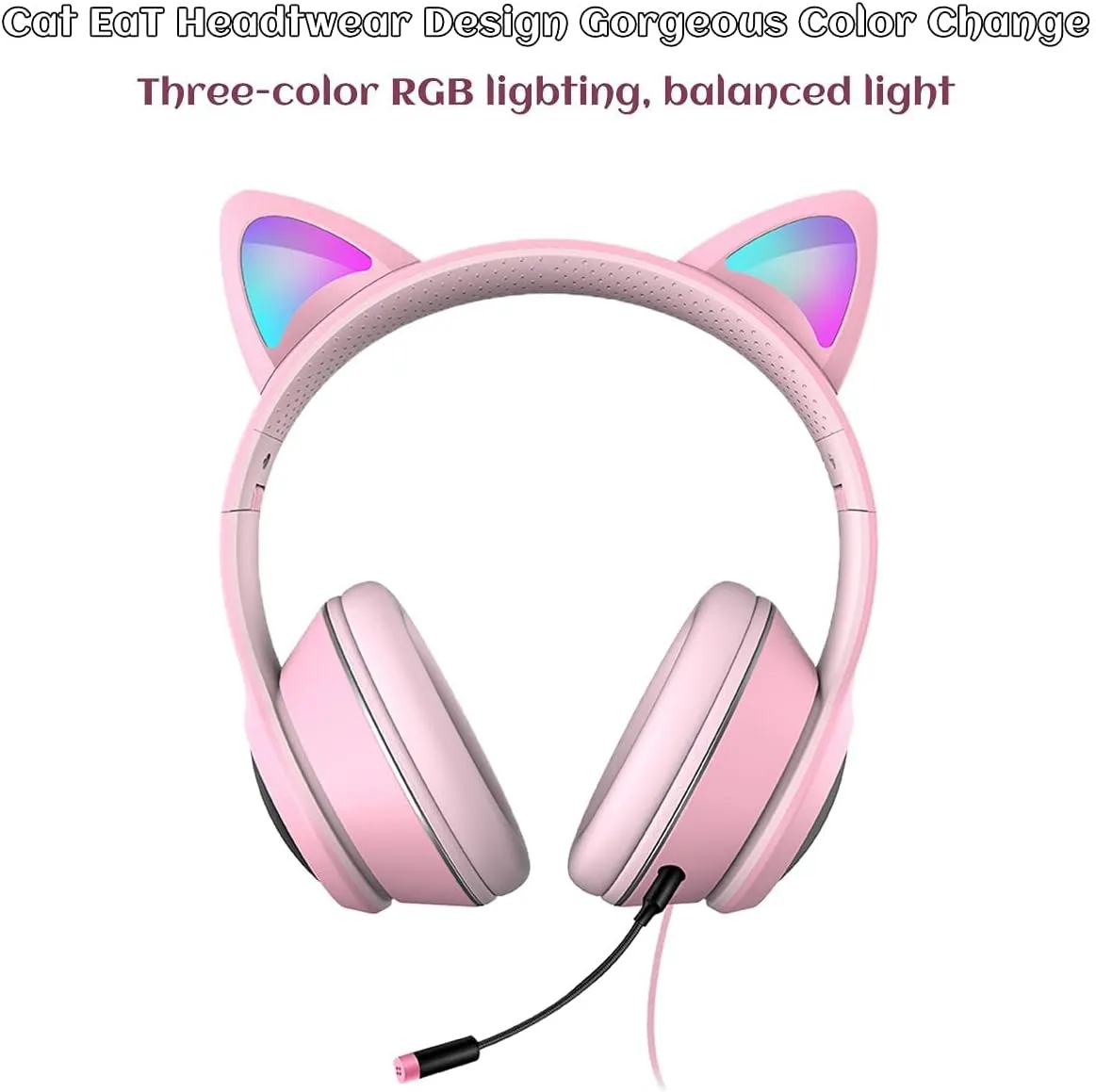 Cat Ear Gaming Headphones Wired AUX 3.5mm LED Light, Noise Canceling Game Headphones Stereo Foldable Over-Ear Headsets with Microphone Fit Girls, Kids for PC, PS4, Switch, Xbox, Mobile, Laptop