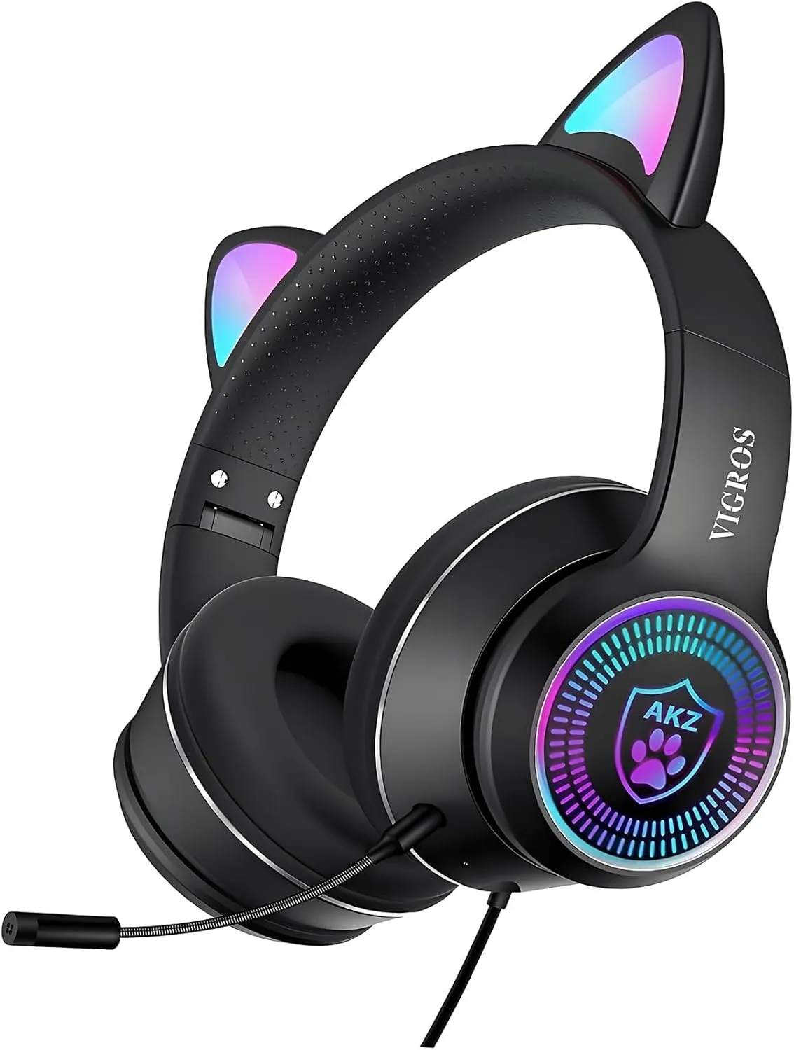 Cat Ear Gaming Headphones Wired AUX 3.5mm LED Light, Noise Canceling Game Headphones Stereo Foldable Over-Ear Headsets with Microphone Fit Girls, Kids for PC, PS4, Switch, Xbox, Mobile, Laptop