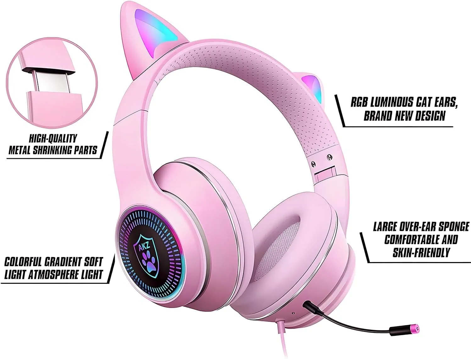 Cat Ear Gaming Headphones Wired AUX 3.5mm LED Light, Noise Canceling Game Headphones Stereo Foldable Over-Ear Headsets with Microphone Fit Girls, Kids for PC, PS4, Switch, Xbox, Mobile, Laptop