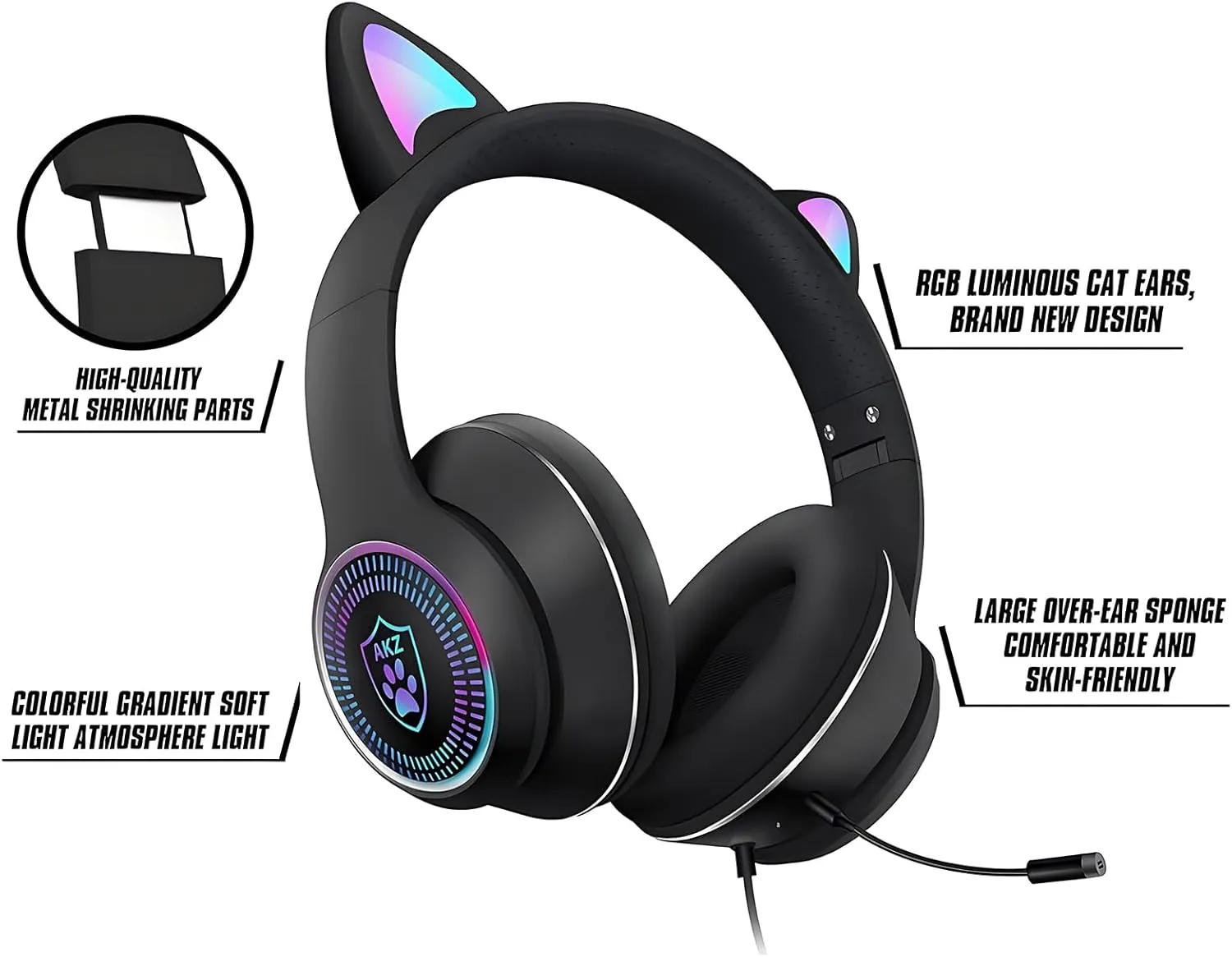 Cat Ear Gaming Headphones Wired AUX 3.5mm LED Light, Noise Canceling Game Headphones Stereo Foldable Over-Ear Headsets with Microphone Fit Girls, Kids for PC, PS4, Switch, Xbox, Mobile, Laptop