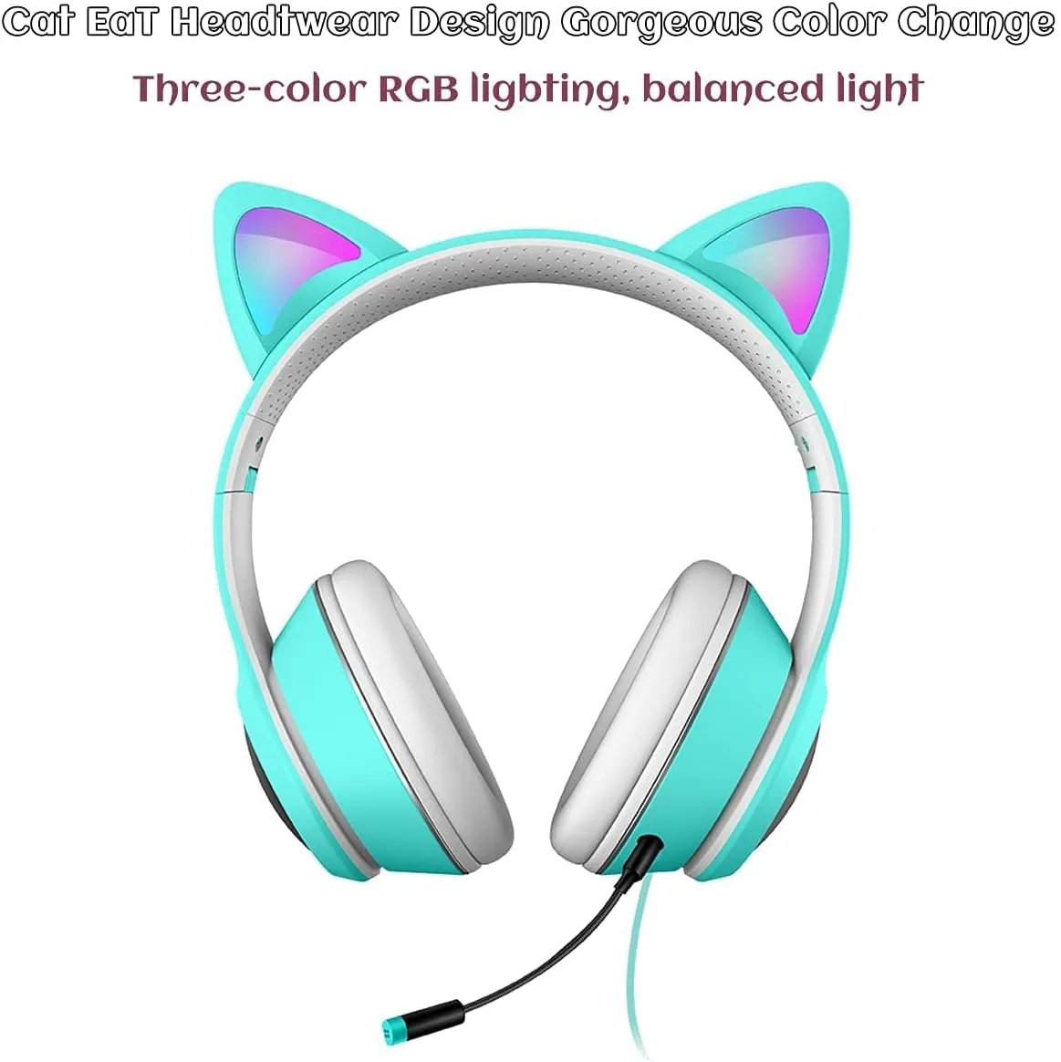 Cat Ear Gaming Headphones Wired AUX 3.5mm LED Light, Noise Canceling Game Headphones Stereo Foldable Over-Ear Headsets with Microphone Fit Girls, Kids for PC, PS4, Switch, Xbox, Mobile, Laptop