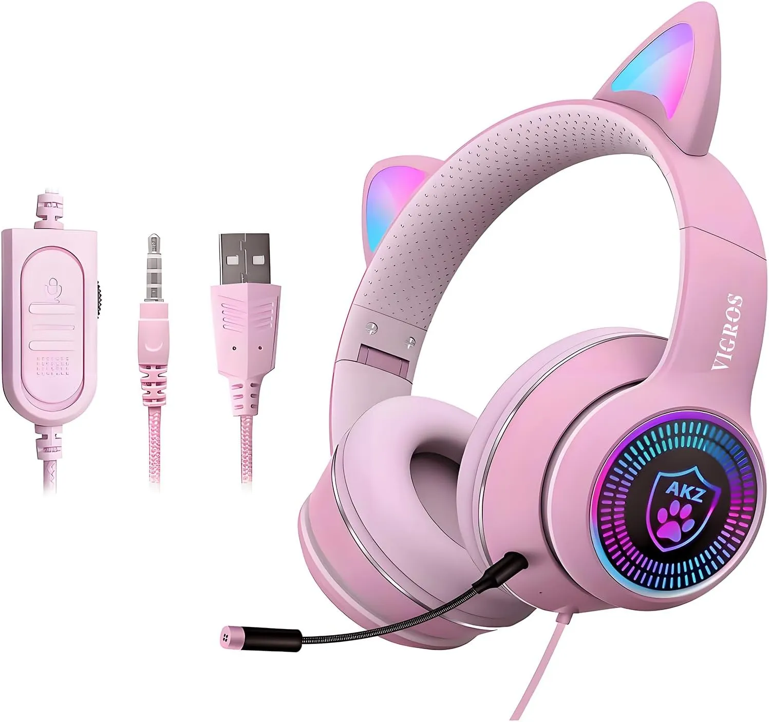 Cat Ear Gaming Headphones Wired AUX 3.5mm LED Light, Noise Canceling Game Headphones Stereo Foldable Over-Ear Headsets with Microphone Fit Girls, Kids for PC, PS4, Switch, Xbox, Mobile, Laptop