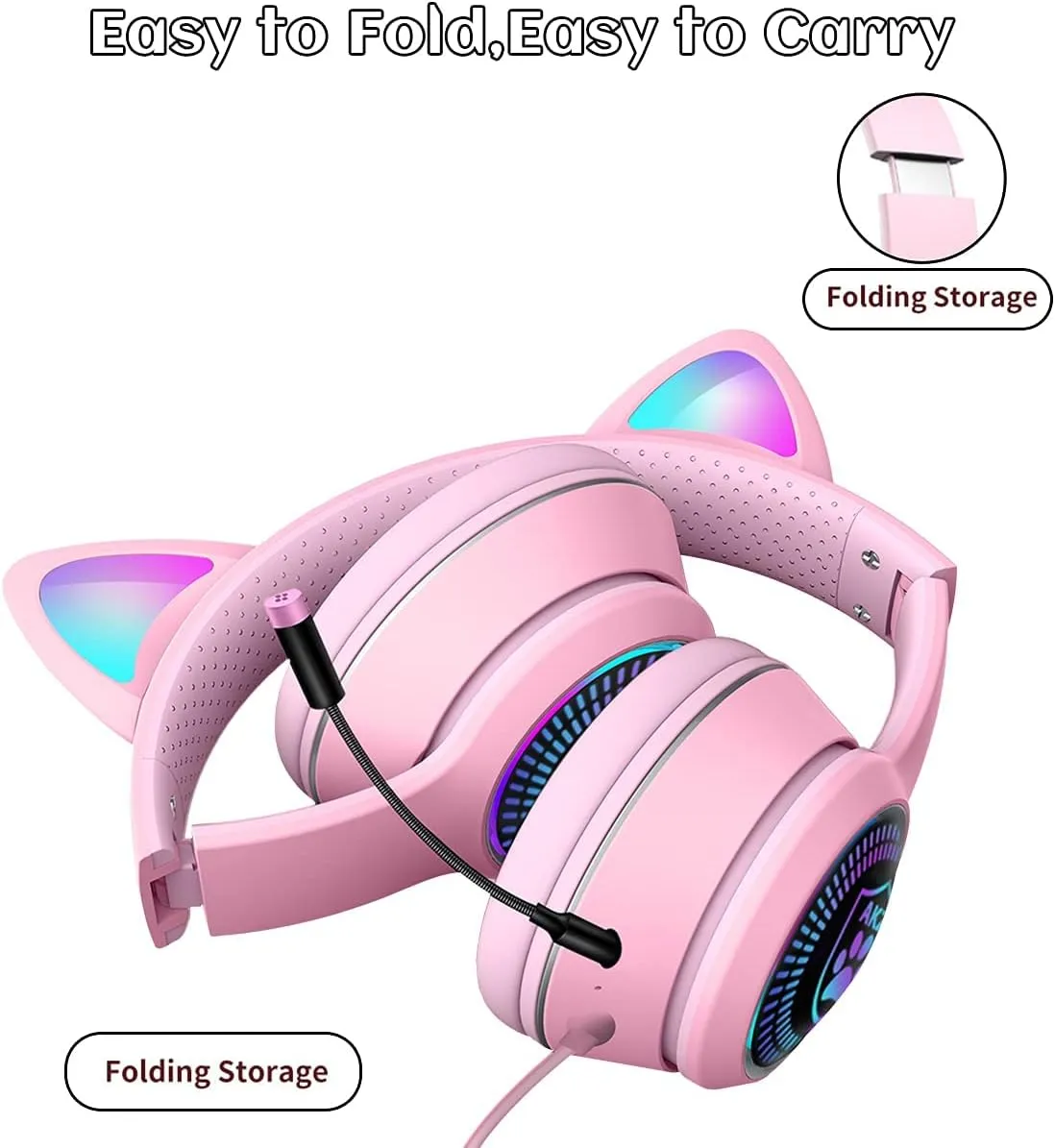 Cat Ear Gaming Headphones Wired AUX 3.5mm LED Light, Noise Canceling Game Headphones Stereo Foldable Over-Ear Headsets with Microphone Fit Girls, Kids for PC, PS4, Switch, Xbox, Mobile, Laptop
