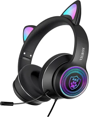 Cat Ear Gaming Headphones Wired AUX 3.5mm LED Light, Noise Canceling Game Headphones Stereo Foldable Over-Ear Headsets with Microphone Fit Girls, Kids for PC, PS4, Switch, Xbox, Mobile, Laptop