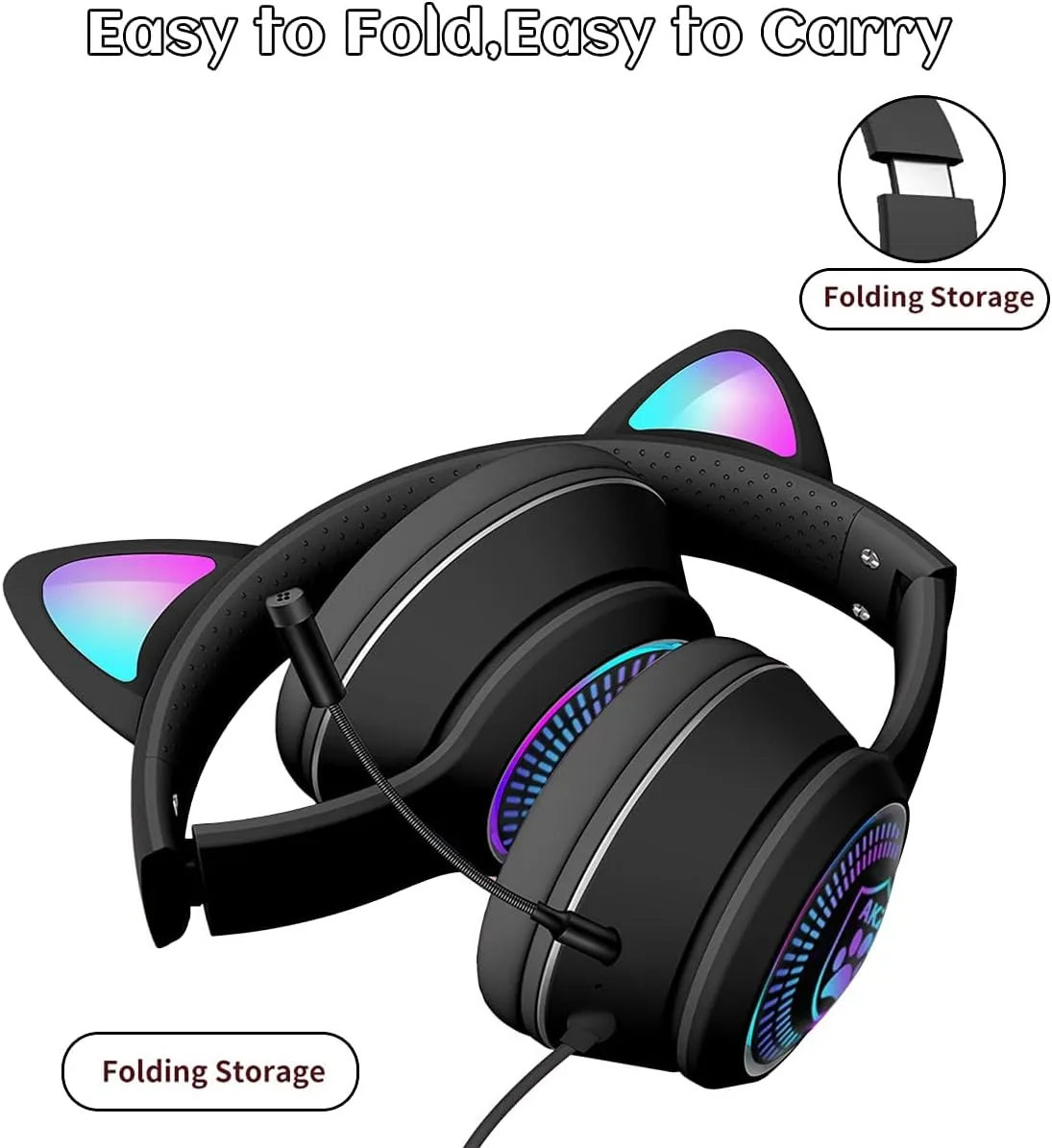 Cat Ear Gaming Headphones Wired AUX 3.5mm LED Light, Noise Canceling Game Headphones Stereo Foldable Over-Ear Headsets with Microphone Fit Girls, Kids for PC, PS4, Switch, Xbox, Mobile, Laptop