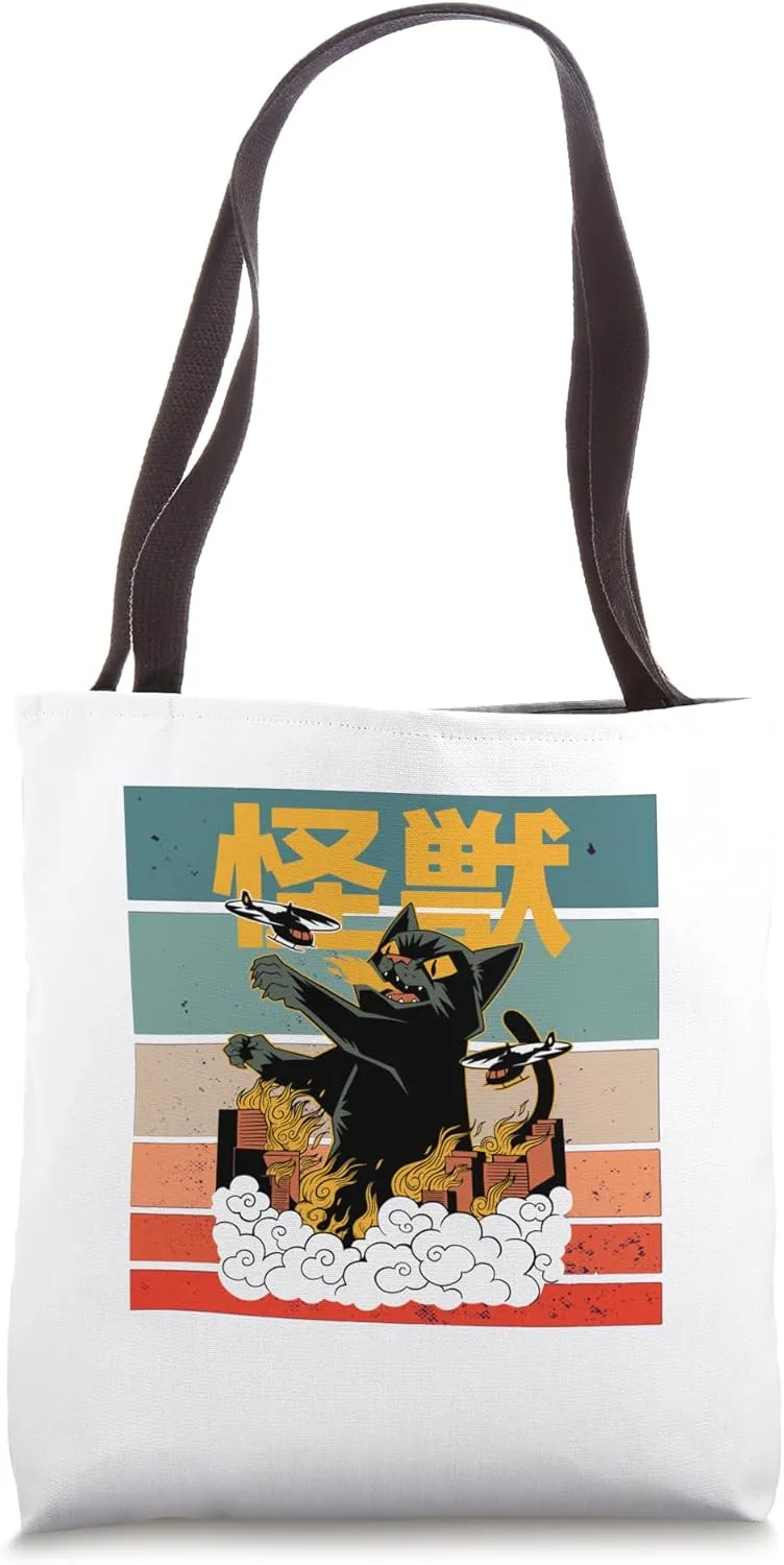 Cat Monster Cityscape Flames Helicopters Destruction Chaos Tote Bag