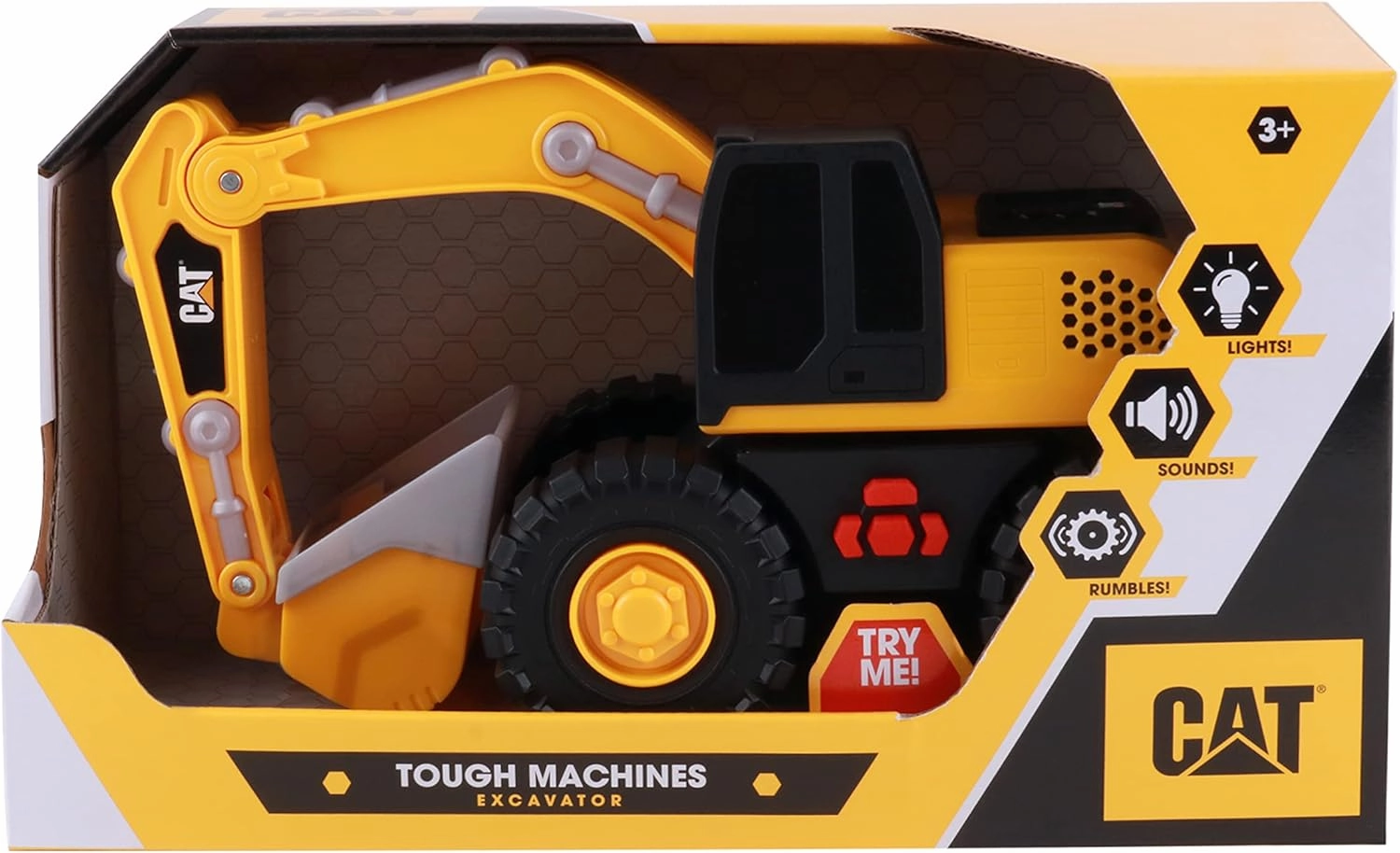 CAT Construction Toys, Tough Machines Toy Excavator, 10" w/Realistic Lights & Sounds, Rumbling Action, Movable Parts & Sturdy Plastic Construction