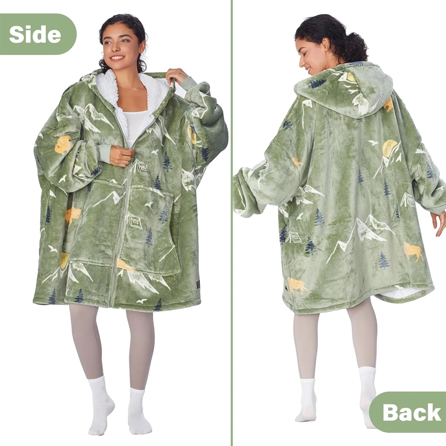 Catalonia Green Camping Zip Up Blanket Hoodie Sweatshirt, Oversized Sherpa Pullover Jacket Coat for Men Women, Comfortable Gift for Her