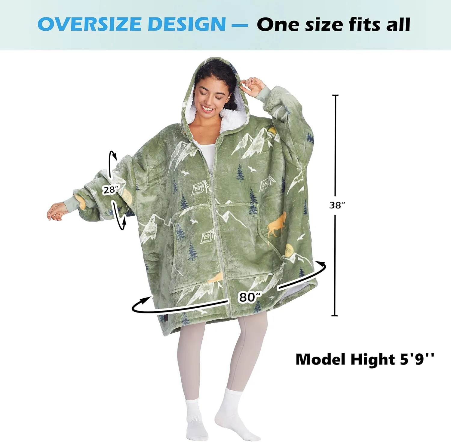 Catalonia Green Camping Zip Up Blanket Hoodie Sweatshirt, Oversized Sherpa Pullover Jacket Coat for Men Women, Comfortable Gift for Her