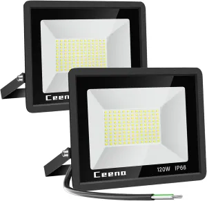Ceena 2 Pack 120W Hardwired LED Flood Light Outdoor, 12000lm Super Bright Floodlight, IP66 Waterproof 6000K Daylight White Exterior Lights for Backyard, Workshop, Basketball Court