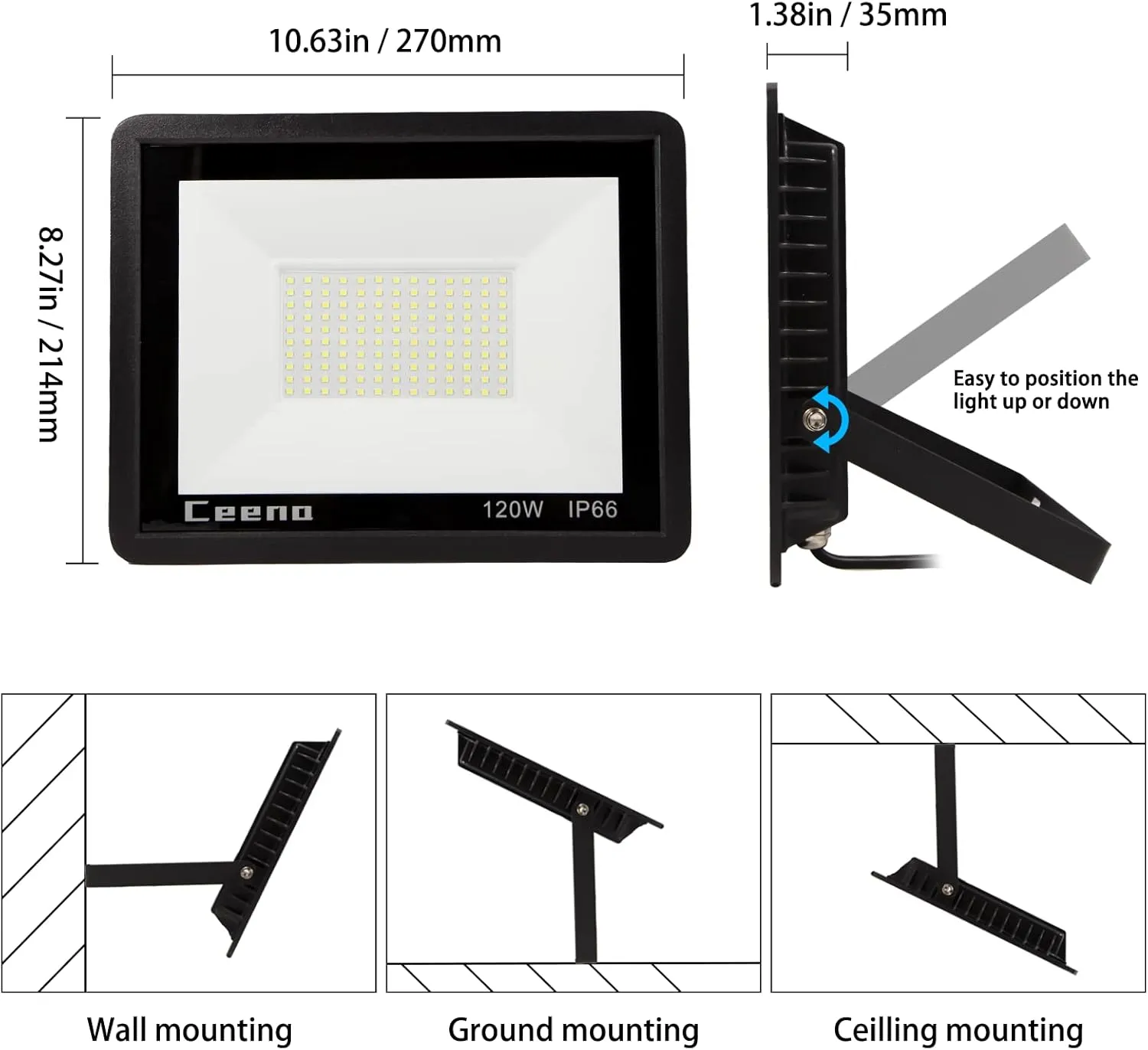 Ceena 2 Pack 120W Hardwired LED Flood Light Outdoor, 12000lm Super Bright Floodlight, IP66 Waterproof 6000K Daylight White Exterior Lights for Backyard, Workshop, Basketball Court