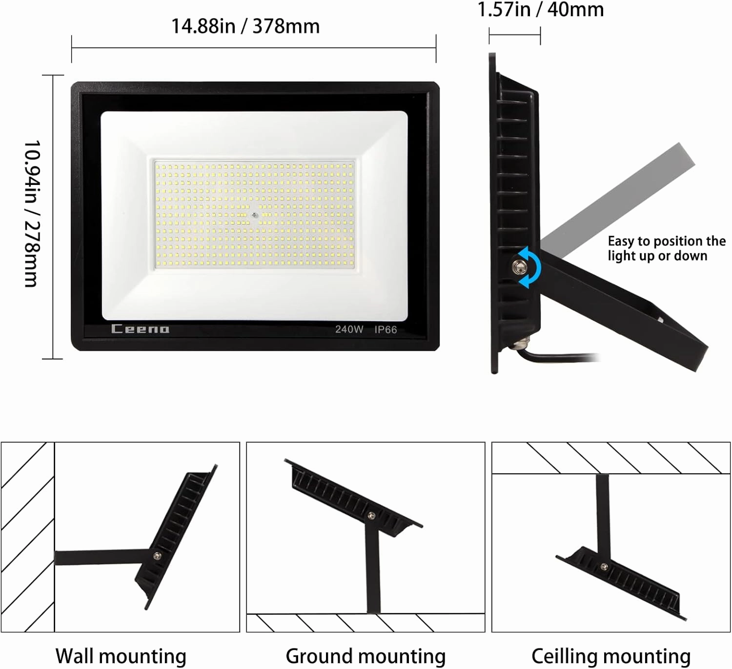 Ceena 2 Pack 240W Hardwired LED Flood Light Outdoor, 24000lm Super Bright Floodlight, IP66 Waterproof 6000K Daylight White Exterior Lights for Basketball Court, Playground, Stadium