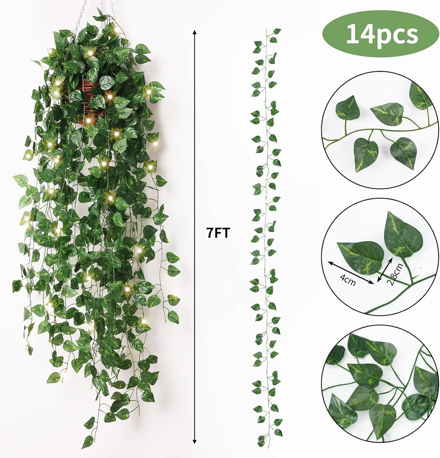 CEWOR 14 Pack 98ft Fake Ivy Vines, Artificial Ivy Garland with 100 LED String Lights, Hanging Plants Greenery Backdrop Green Leaves for Bedroom Room Wall Decor Wedding Party Table Decoration