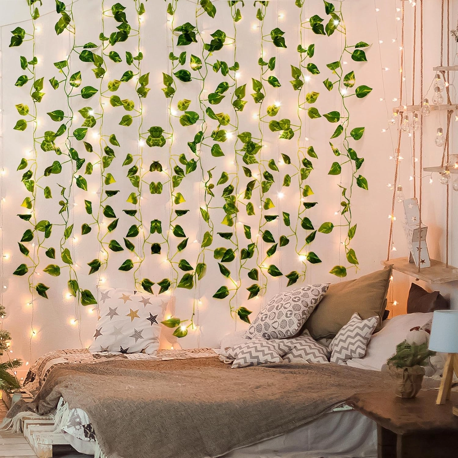 CEWOR 14 Pack 98ft Fake Ivy Vines, Artificial Ivy Garland with 100 LED String Lights, Hanging Plants Greenery Backdrop Green Leaves for Bedroom Room Wall Decor Wedding Party Table Decoration