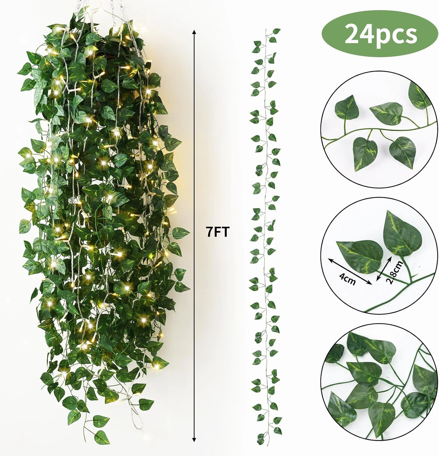 CEWOR 24 Pack 173ft Fake Ivy Vines, Artificial Ivy Garland with 200 LED String Lights, Hanging Plants Greenery Backdrop Green Leaves for Bedroom Room Wall Decor Wedding Party Table Decoration