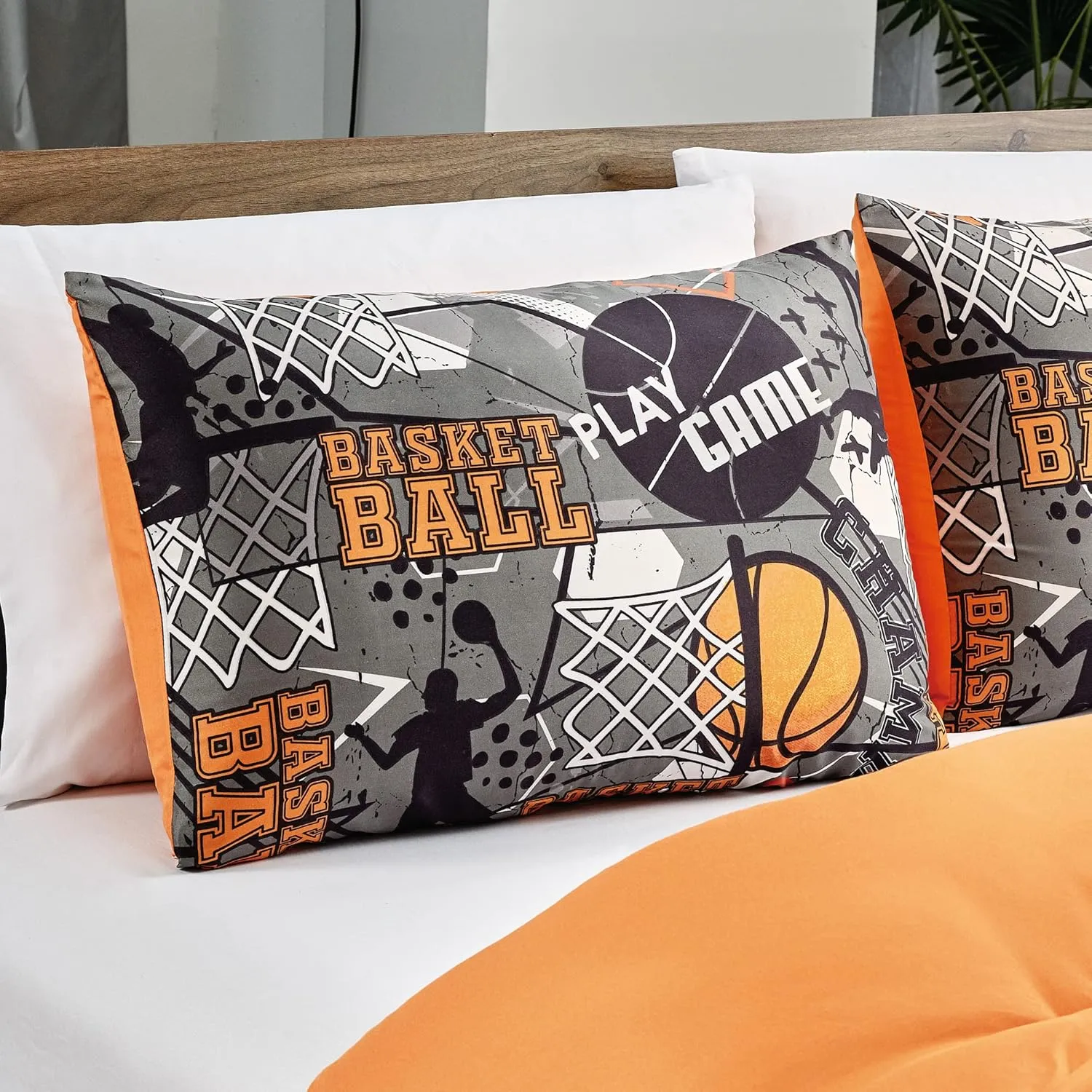 Chezmoi Collection 4-Piece Kids Bedding Comforter Set - Soft Microfiber Gray Orange Multi-Color Basketball Slam Dunk Sports, Full/Queen