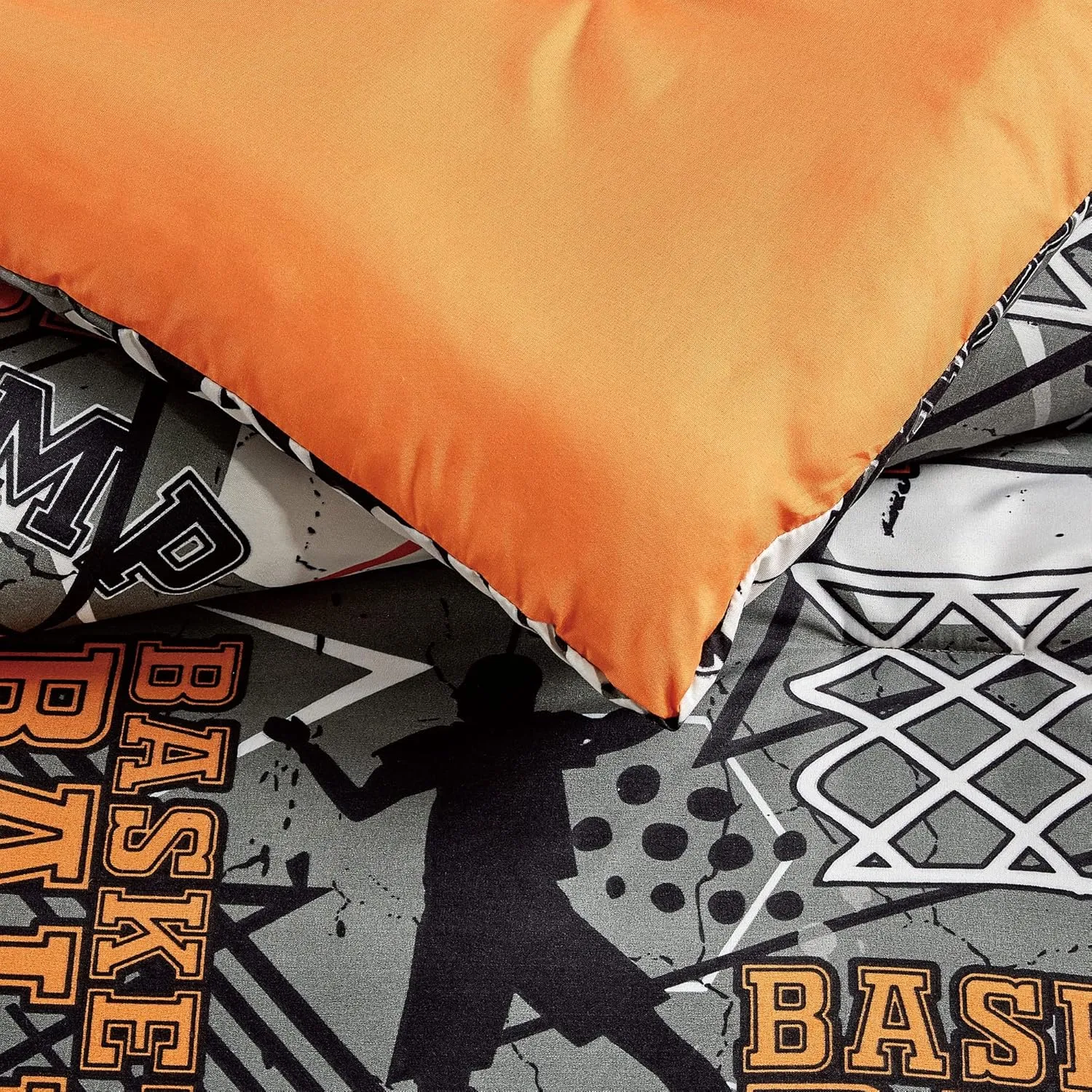 Chezmoi Collection 4-Piece Kids Bedding Comforter Set - Soft Microfiber Gray Orange Multi-Color Basketball Slam Dunk Sports, Full/Queen