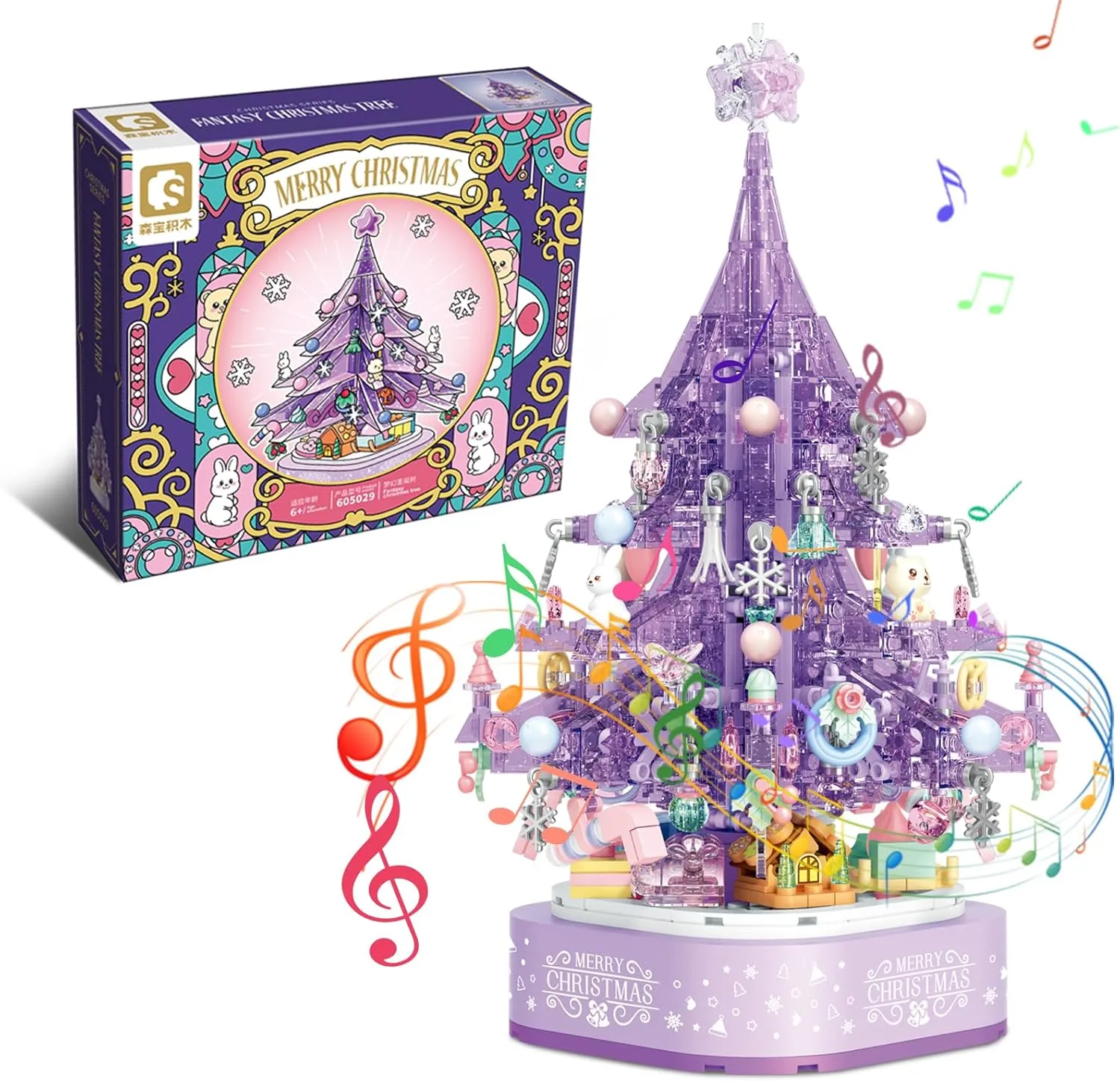 Christmas Tree Building Blocks Set,DIY Purple Crystal Christmas Tree Music Box,Xmas Holiday Construction Toy Gift,Home Decor