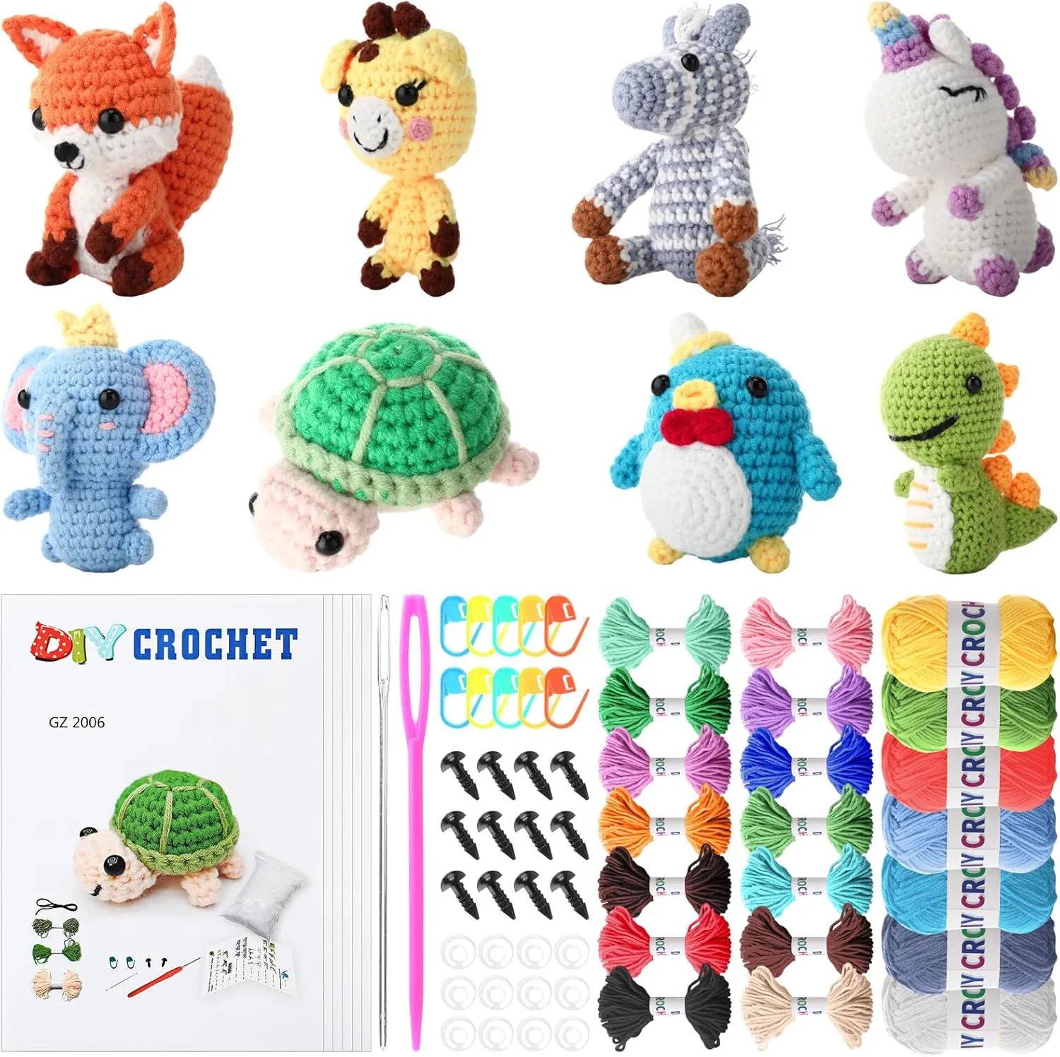 Chunful 9 Pcs Crochet Kit for Beginners DIY Animal Craft Set Adults Holiday Birthday Gift for Crochet Lovers with Step by Step Video Colorful Yarn, Hook Accessories