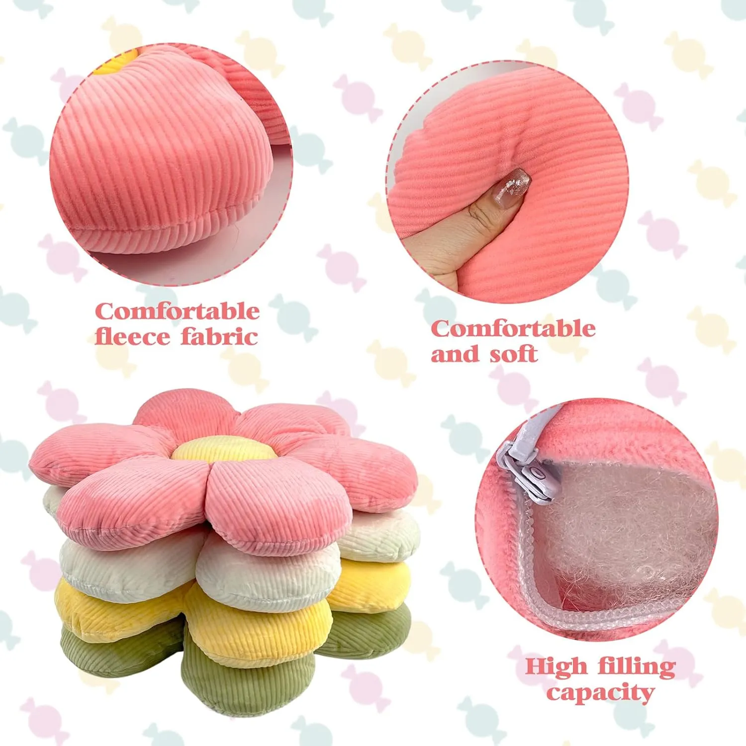 CIEOVO 4 Pcs Plush Throw Pillows, 16 Inch Cute Daisy Shaped Floor Cushions, Aesthetic Flower Seat Cushion & Chair Pads for Home & Kids Seating, Bed & Sofa Decor