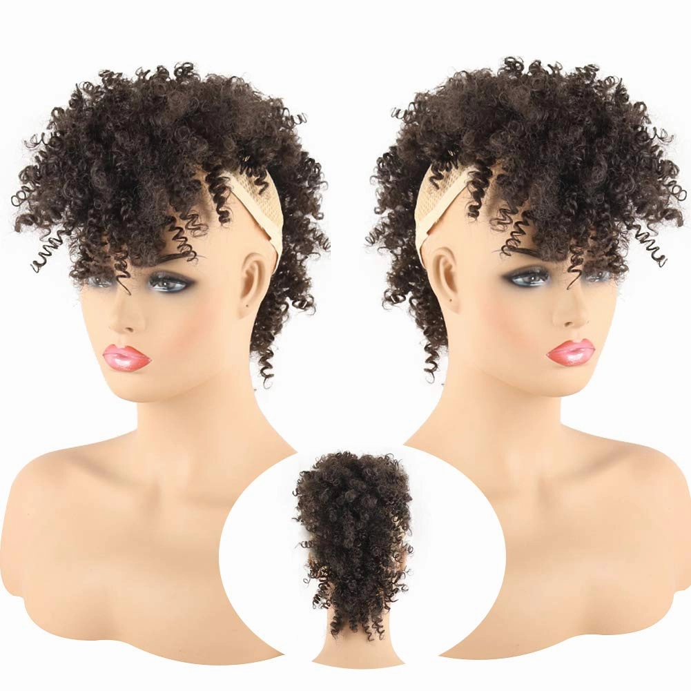 CINHOO Ponytails Afro High Puff Hair Bun Ponytail Drawstring With Bangs Synthetic Jerry Curly Mohawk Wigs Kinkys Curly Fauxhawks Pony Tail Clip in on Wrap Updo Hair Extensions with six Clips. (4#)