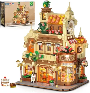 City Bakery Cafe House Building Set with Light, 1289 PCS Baking Shop Building Block Toy with Coffee Cake Bread Bakery Room, Pastry Construction Model for Adults Teens Kids Boys Girls Ages 8-12 