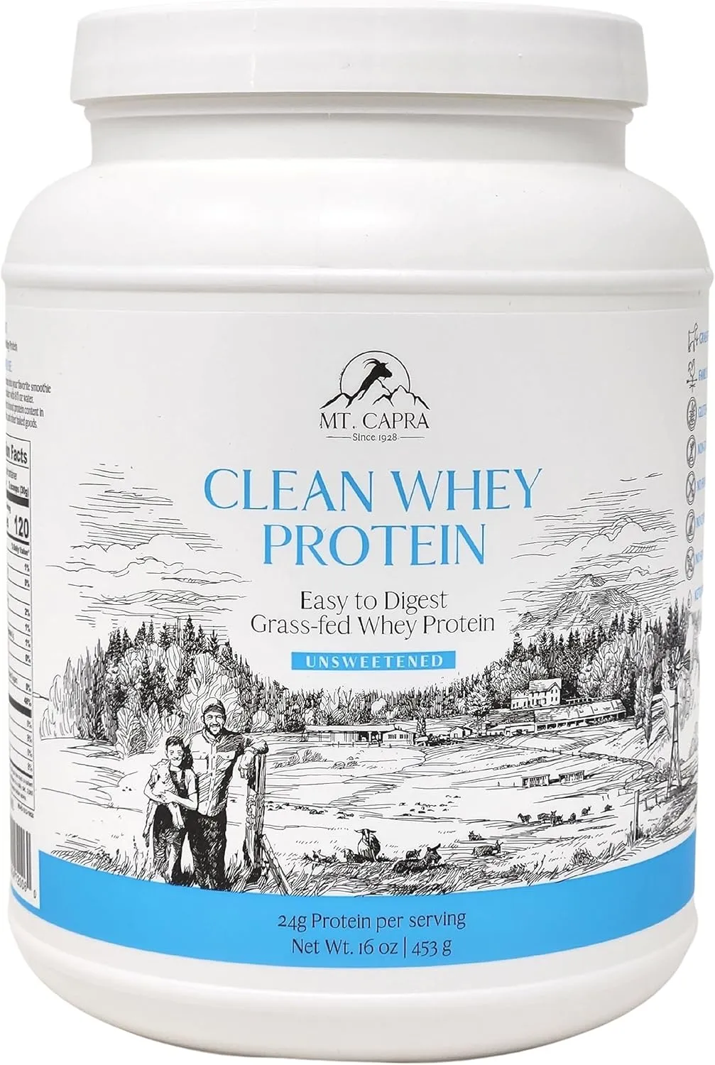 Clean Whey Protein | Grass-Fed Undenatured Goat Whey Protein Powder | 24 g Protein Per Serving, All Natural, Non-GMO, High in Branch Chain Amino Acids | Unsweetened | 15 Servings - 16 oz